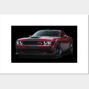 Blazing Passion: RED Dodge Challenger Fiery Full Body Posterize Car Design Posters and Art